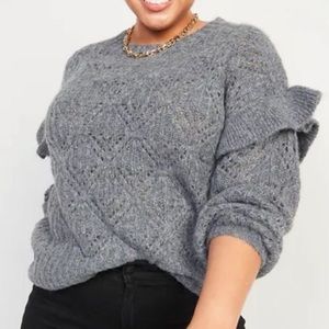 Old Navy Women’s Gray Pointelle Open Knit Ruffle Shoulder Sweater
